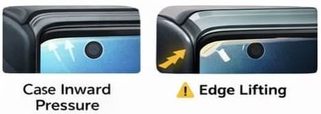 Punch-hole display phone with protective case showing inward case pressure and edge lifting on tempered glass, explaining why case-friendly inset sizing is important to prevent peeling and stress cracks.