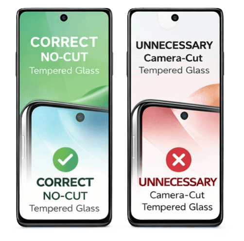 Comparison of punch-hole display tempered glass showing correct no-cut full-display glass versus unnecessary camera-cut glass, highlighting why structural display logic prefers no-cut coverage for stability and alignment.